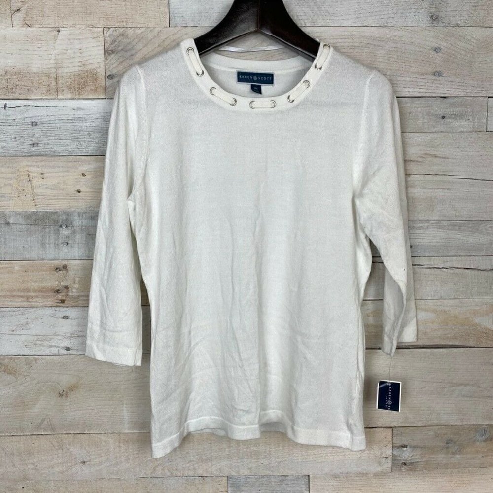 Karen Scott Grommet Sweater White 3/4 Sleeve Large
